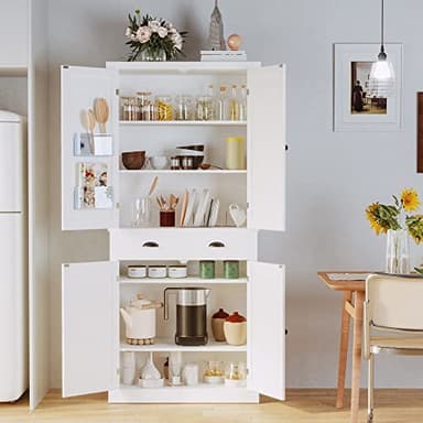 IRONCK Kitchen Pantry Storage Cabinet 72.6" H, with Barn Doors, Drawer, 4 Adjustable Shelves, Freestanding Cupboard, Laundry, White - Image 2
