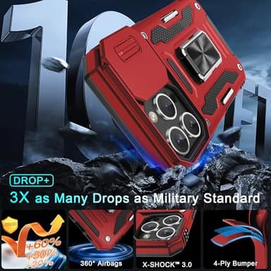 DEERLAMN Case for iPhone 16 Pro Max with Slide Camera Cover+Screen Protector (1 Pack), Rotated Ring Kickstand Military Grade Shockproof Protective Cover-Red - Image 3