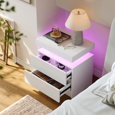 Cubehom White LED Nightstand Set of 2,Modern Night Stand Set 2,Multi-Color LED Light Strip,Slient Slide Drawer,Large Capacity Storage,Small Space Solution,Bedside Table for Bedroom,White - Image 3