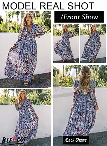BLENCOT Women's Casual Boho Floral Printed Deep V Neck Loose Long Sleeve Long Evening Dress Ruched Cocktail Party Maxi Wedding Dress Blue Medium - Image 2