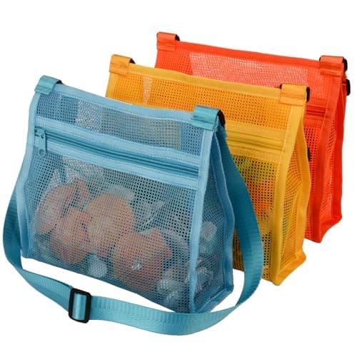 MUYIZI Mesh Bag for Holding Beach Shell,Toys (Blue&Yellow&Orange 3pack) Shell Collecting Bags for Kids, for Picking Up Shells - Image 1