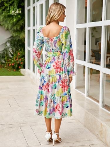 Amegoya Womens Spring Floral Long Sleeve Maxi Dress Square Neck Smocked Tiered Flowy Dress(A-Floral 3) - Image 7
