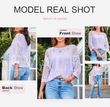 EVALESS Summer Sweaters for Women Spring Outfits Fashion 2025 Knitted Tops 3/4 Short Sleeve Sweater Off Shoulder Blouses Dressy Casual Resort Wear Holiday Purple Shirts, Large - Image 5