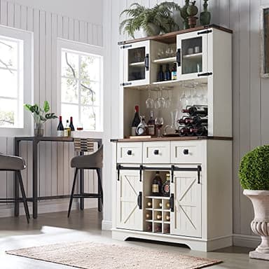 OKD 72" Farmhosue Bar Cabinet with Sliding Barn Door, Large Kitchen Buffet with Hutch w/Wine & Glasses Rack, 3 Drawers, 12 Storage Shelves, Rustic Coffee Bar Sideboard Table, Antique White - Image 9