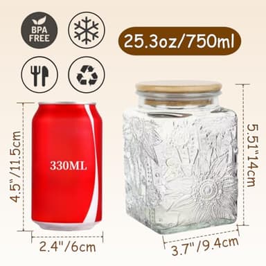 ANSQU Square Glass Jar, 25.3oz Vintage Glass Jar with Lid, Glass Food Storage Containers for Ground Coffee, Tea, Sugar, Candy, Decorative Glass Jar - Image 2