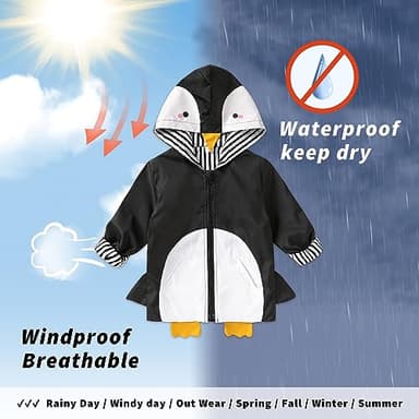 YOUNGER TREE Toddler Baby Boy Girl Penguin Raincoat Cute Cartoon Hoodie Zipper Coat Outfit (Penguin, 4T) - Image 2