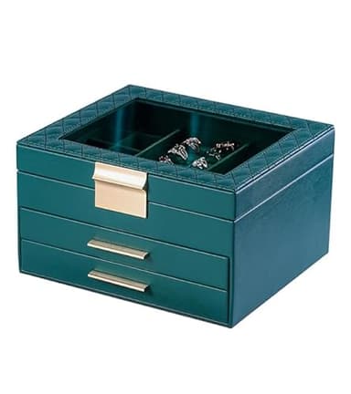 MILONT 3-Tier Jewelry Box with Glass Lid, Jewelry Organizer with 2 Drawers,Jewelry Box Organizer for Women with PU Surface (Phthalo Green)