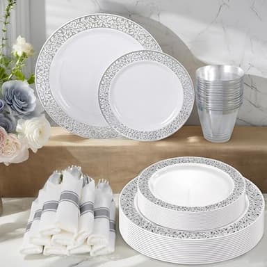 WELLIFE 350 Pieces Silver Disposable Plastic Dinnerware, Silver Lace Plates for Wedding & Party, Includes:50 Dinner Plates, 50 Dessert Plates, 50 Cups, 50 Pre Rolled Napkins with Silver Cutlery - Image 3