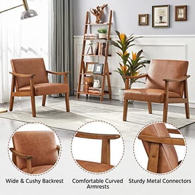 Yaheetech PU Leather Accent Chair, Mid-Century Modern Armchair with Solid Wood Legs, Reading Leisure Chair with High Back for Living Room Bedroom Waiting Room, Light Brown - Image 5