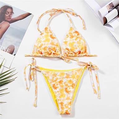 Women's Two Piece Bikini Swimsuit Set Floral Padded Top Tie Side Triangle Thong Bathing Suit Yellow - Image 5