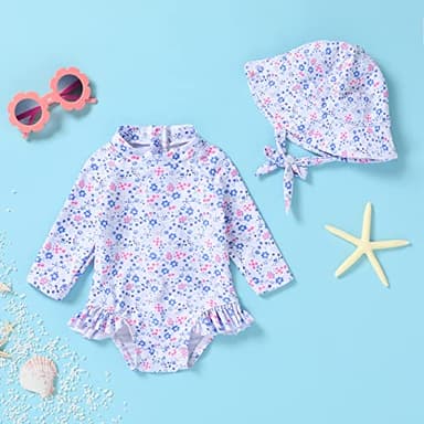 Infant Baby Girl Swimsuit One-Piece Long Sleeve Rash Guard with Hat Set Floral Zipper Bathing Suit Leopard Beach Wear (3-6 Months, Flower#2) - Image 2