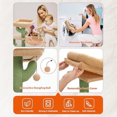 PETEPELA Cactus Cat Tree for Indoor Cats, 32'' Small Cat Tower Cat Condo with Sisal Scratching Ramp, Cozy Hammock and Removable Top Bed Perch for Kittens, Green - Image 5