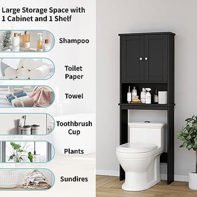 Shintenchi Over The Toilet Storage Cabinet, Bathroom Shelf Organizer with Anti-Tip Device Small Freestanding Space Saver with Adjustable Shelf，Black - Image 4
