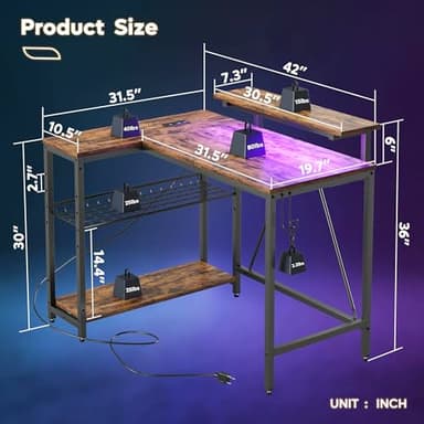 Bestier Gaming Desk with Power Outlets, 42" L-Shaped Gaming Desk with LED Lights, Desk with Reversible Storage Shelves & Hooks for Small Spaces, Bedrooms & Offices,Rustic Brown - Image 3