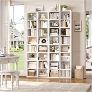 FOTOSOK 2 Pcs 71'' Tall Narrow Bookshelf, 8-Tier Media Tower Rack Set of 2, CD DVD Storage Cabinet with Adjustable Shelves, Tall Narrow Bookcase Skinny Display Bookshelf Slim Shelf, White - Image 4