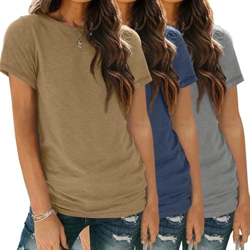SUNBS Womens 3 Pack T-Shirts Short Sleeve Summer Tops Fashion Basic Tees Comfy Casual Vacation Outfits Workout Clothes 2025 CoffeeNavyGrey L - Image 1
