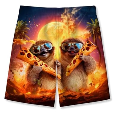 Idgreatim 11-12T Boy's Pizza Sloth Swimming Trunks UPF50+ Quick Dry Swimsuit Summer Beach Board Shorts with Pockets - Image 2