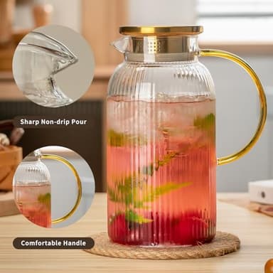 Buaic 2 PACK Glass Pitcher with Lid, 68 oz/ 2 Liter Classic Vertical Stripes Water Pitcher with Yellow Handle,Glass Water Carafe for Cold Brew, Coffee, Lemonade, Iced Sun Tea,Beverage,Heat Resistant - Image 5