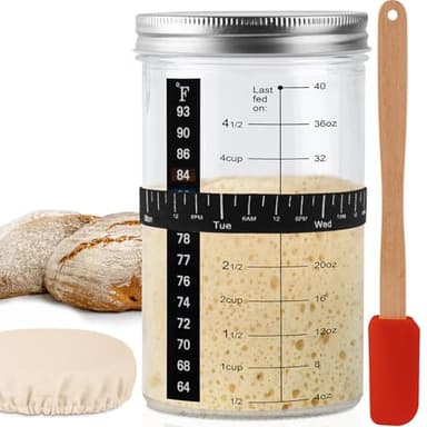 Tyniaide 40oz/1200ml Sourdough Starter Kit – Extra Thermometer Strips and Breathable Covers Included in Sourdough Starter Jar – A Perfect Sourdough Bread Starter Kit for Beginners to Expert - Image 1