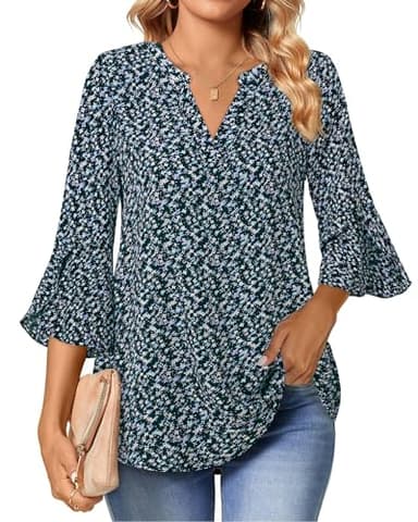 Gaharu Women's Tunic Tops - Casual Work Blouses with Bell Sleeves - Elegant Office Wear in Sky Blue Flower Print, Size XL - Image 4