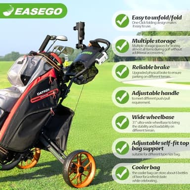 EASEGO Golf Push Cart 3 Wheel : Golf Bag Cart Foldable with Phone/Cup/Umbrella Holder Compact Golf Pull Carts Quick Fold Golf Caddy Push Carts with Large Wheelbase for Different Terrain (orange color) - Image 4