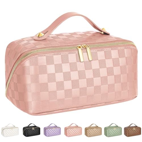 ALEXTINA Travel Makeup Bag, Vegan Leather Large Capacity Cosmetic Bags for Women,Waterproof Portable Pouch Open Flat Toiletry Bag Makeup Bag Organizer with Fixed Divider, Pink - Image 1