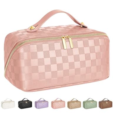 ALEXTINA Travel Makeup Bag, Vegan Leather Large Capacity Cosmetic Bags for Women,Waterproof Portable Pouch Open Flat Toiletry Bag Makeup Bag Organizer with Fixed Divider, Pink - Image 1