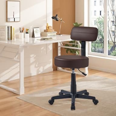 VECELO Armless Chair Rolling Stool with Backrest for Garage Shop Workbench Salon, Massage, Tattoo and Kitchen, with Wheels, Height Adjustable, Swivel, Coffee Brown - Image 2