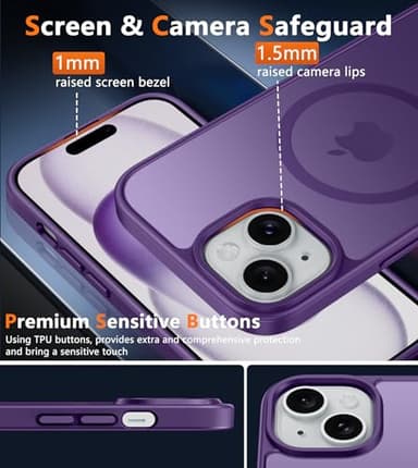 FNTCASE for iPhone 15 Case: for iPhone 14 & iPhone 13 Case | Magnetic Frosted Translucent Slim Shockproof Cell Phone Cover | Military Grade Protection Drop Proof Tough Protective Cases - Purple - Image 6