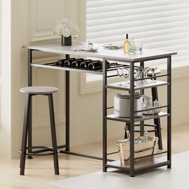 COMHOMA Dining Table Set for 2, Counter Height Kitchen Table and Chairs with Storage Shelves & Wine Rack, Bar Table Set with 2 Bar Stools, 3 Piece Dining Room Table Set for Small Space, Retro Grey - Image 4