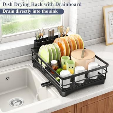 Dish Drying Rack - Stainless Steel Dish Rack for Kitchen Counter, Large-Capacity Dish Drainer with Cutlery Holder, Kitchen Organizer for Dishes, Spoons and Forks, Black - Image 3