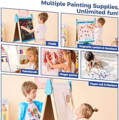 All-in-One Art Easel for Kids, Adjustable Double Sided Wooden Easel for Toddlers with Magnetic Whiteboard & Chalkboard, Paper Roll, Art Supplies, Child Painting Easel for Kid 2-8 Birthday Gift - Image 7