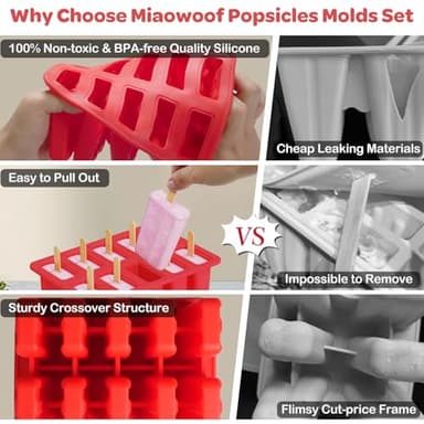 Miaowoof Homemade Popsicle Molds, 10-Cav Non-BPA Silicone Ice Pop Maker, with 50 Sticks, 50 Bags, 10 Reusable Sticks, Funnel, Brush and Ice Pop Recipe (Red) - Image 3