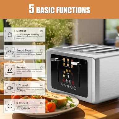 whall 4 Slice Touch Screen Toaster, Stainless Steel Toasters Digital Timer, Dual Control Panel Toasters，6 Shade Settings＆6 Bread Types, Smart Wide Slots, Bagel, Cancel, Defrost,Flat lever Stainless - Image 3