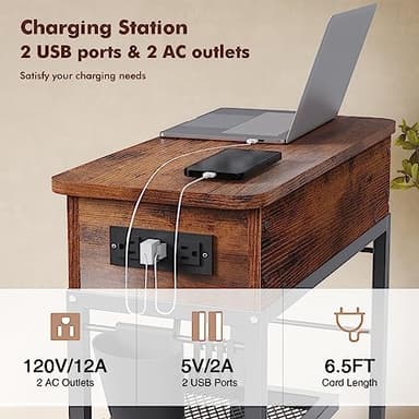 Colima Lift Top End Table with Charging Station and Wheels, Sofa Side Table with USB Port & AC Outlets, Movable Bedside Nightstand with Side Bag for Office Living Room Bedroom(Rustic Wood) - Image 5