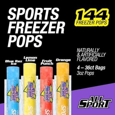All Sport Freezer Pops, Giant Sized 3oz, 144 CT, Refreshing Ice Pops with Electrolytes, B Vitamins & Potassium –Blue Raz Ice, Lemon Lime, Fruit Punch & Orange - Image 3