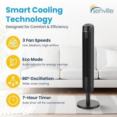 Senville 42" Oscillating Tower Fan for Bedroom, Remote, Bladeless, Quiet, 3 Modes, 7-Hour Timer, LED Display, Black - Image 7