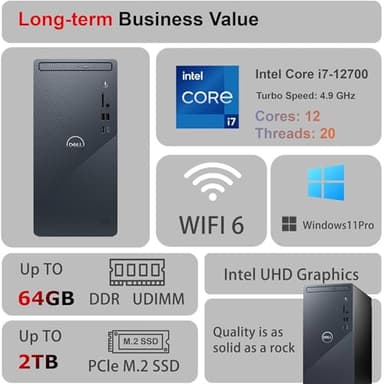 Dell Inspiron Business Desktop | Intel Core i7-12700 Processor (12 cores, 4.9 GHz)| 32GB RAM & 1TB PCIe SSD & 1TB HDD|HDMI, USB-C, Wi-Fi 6, Bluetooth, RJ-45| Keyboard & Mouse Included| Windows 11 Pro - Image 2
