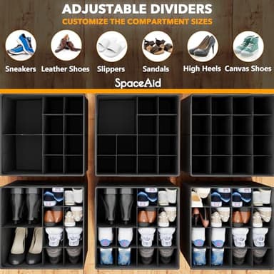 SpaceAid Shoe Organizer for Closet, 2 Pack Foldable Shoe Storage Containers Baskets Boxes Bins w/Adjustable Dividers, Fits 16-32 Pairs, Black - Image 3