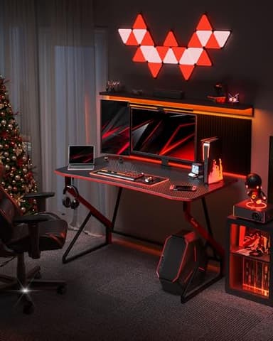 CubiCubi Gaming Desk Z Shaped 47 inch Gamer Workstation, Home Small Computer Carbon Fiber Surface Gaming Desk PC Table with Headphone Hook, Dark Black - Image 2