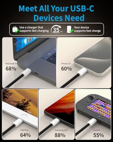 tiavalmax USB C to USB C Cable, Type C 60W Fast Charging Cable (6FT, 3Pack) for iPhone 17/16/15 Series, iPad 10, iPad Pro 13/12.9/11 Inch, Mini 7(A17 Pro)/6, Air 5, MacBook, AirPods Pro, Galaxy, Pixel - Image 6