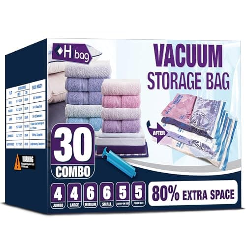 HIBAG Vacuum Storage Bags, 30-Pack Space Saver Vacuum Storage Bags, Vacuum Seal Bags for Clothing, Clothes, Comforters and Blankets (30C) - Image 1