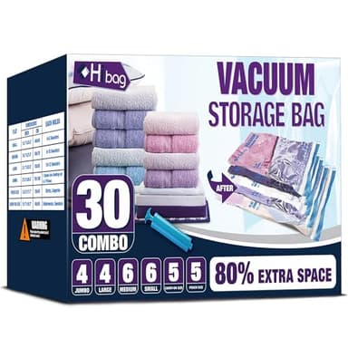 HIBAG Vacuum Storage Bags, 30-Pack Space Saver Vacuum Storage Bags, Vacuum Seal Bags for Clothing, Clothes, Comforters and Blankets (30C) - Image 1