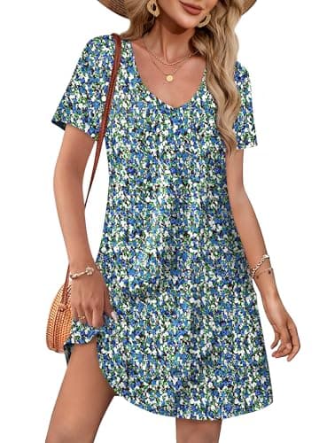 OFEEFAN Beach Vacation Clothes for Women Fashion Casual Summer Dresses for Women 2025 Loose V Neck Short Sleeve T Shirts Dress with Pockets Vacation Sundresses Floral 07 L - Image 1
