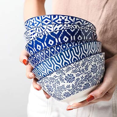 Selamica Blue and White Porcelain 20oz Cereal Bowl Set - Set of 6, 6 inch Soup Bowls, Ceramic bowls for Cereal, Soup, Salad and Pasta, Vintage Blue - Image 4