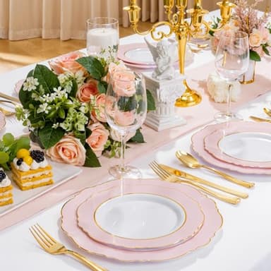 WDF 60pcs Pink Plastic Plates - 10.25inch Baroque Pink And Gold Disposable Dinner Plates for Upscale Parties -Special for Wedding, Party,Birthdays, Baby Shower - Image 5