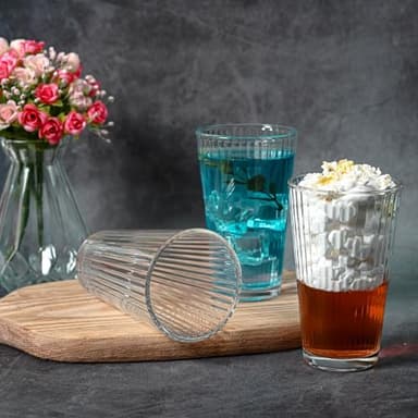 Le'raze Set of 10 Drinking Glasses, 16oz Ribbed Clear Glass Cups - Dishwasher Safe Heavy Base Tall Beer Glasses, Perfect for Iced Tea, Water, Juice, Wine, Bar Cocktails, and Everyday Use. - Image 7