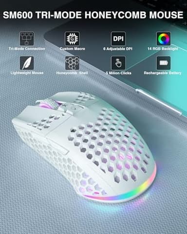 SOLAKAKA SM600 White Wireless Gaming Mouse,Tri-Modes BT5.1/Type-C Wired/2.4G Wireless Mouse with 2 Side Buttons, Programmable Macro Gamer Mouse with RGB Light for Laptop/PC/Mac - Image 4