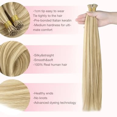 GOO GOO I Tip Hair Extensions, Real Human Hair, 22inch 50g, Cold Fusion, Invisible Remy, 16/22 Light Blonde Highlighted Golden Blonde - Image 2