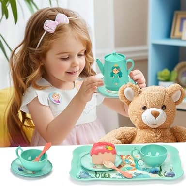 Lajeje Princess Tea Party Set for Little Girls - Pretend Plastic Teapot Set, Princess Tea Time Play Kitchen Toy with Cups, Plates, and Carrying Case - Birthday Gifts for Kids Toddlers Age 3 4 5 6 - Image 5